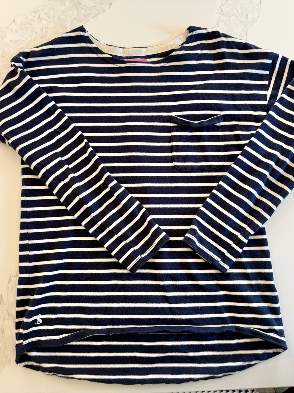 Women’s Navy and White Striped Long-Sleeve Pocket Tee from Joules size small